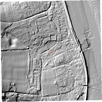 Shaded relief map of the ground around EX68SB, computed from Environment Agency LiDAR. The ground here sits at about 2 m above sea level and falls 14 m across the surrounding 800 m. Surface water reaching this point runs off ground lying to the south-west, 10.5 m higher.