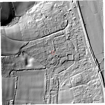 Shaded relief map of the ground around EX68SD, computed from Environment Agency LiDAR. The ground here sits at about 5 m above sea level and falls 22 m across the surrounding 800 m. Surface water reaching this point runs off ground lying to the west-north-west, 2.9 m higher.
