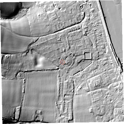 Shaded relief map of the ground around EX68SE, computed from Environment Agency LiDAR. The ground here sits at about 4 m above sea level and falls 24 m across the surrounding 800 m. Surface water reaching this point runs off ground lying to the north-north-west, 3.9 m higher.