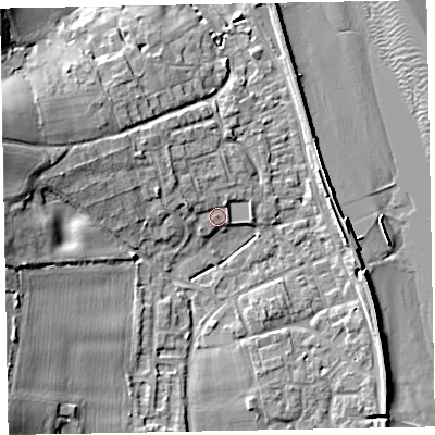 Shaded relief map of the ground around EX68SF, computed from Environment Agency LiDAR. The ground here sits at about 3 m above sea level and falls 14 m across the surrounding 800 m. Surface water reaching this point runs off ground lying to the north-west, 4.5 m higher.