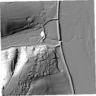 Shaded relief map of the ground around EX68SG, computed from Environment Agency LiDAR. The ground here sits at about 7 m above sea level and falls 62 m across the surrounding 800 m. Surface water reaching this point runs off ground lying to the south-west, 33.9 m higher.