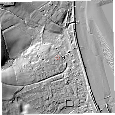 Shaded relief map of the ground around EX68SJ, computed from Environment Agency LiDAR. The ground here sits at about 4 m above sea level and falls 17 m across the surrounding 800 m. Surface water reaching this point runs off ground lying to the south-west, 3.7 m higher.