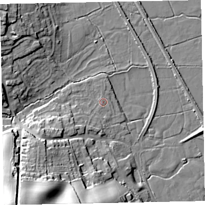 Shaded relief map of the ground around EX68UA, computed from Environment Agency LiDAR. The ground here sits at about 4 m above sea level and falls 45 m across the surrounding 800 m. Surface water reaching this point runs off ground lying to the south-west, 7.7 m higher.
