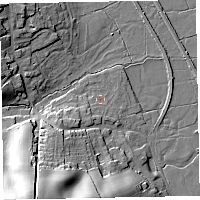 Shaded relief map of the ground around EX68UB, computed from Environment Agency LiDAR. The ground here sits at about 4 m above sea level and falls 46 m across the surrounding 800 m. Surface water reaching this point runs off ground lying to the south-west, 1.9 m higher.