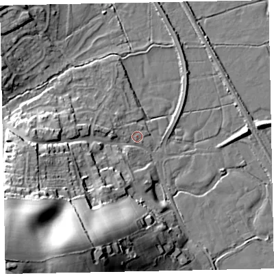 Shaded relief map of the ground around EX68UZ, computed from Environment Agency LiDAR. The ground here sits at about 3 m above sea level and falls 45 m across the surrounding 800 m. Surface water reaching this point runs off ground lying to the west, 2.6 m higher.