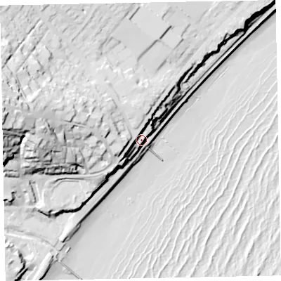 Shaded relief map of the ground around EX70BT, computed from Environment Agency LiDAR. The ground here sits at about 15 m above sea level and falls 60 m across the surrounding 800 m. Surface water reaching this point runs off ground lying to the west-north-west, 11.6 m higher.
