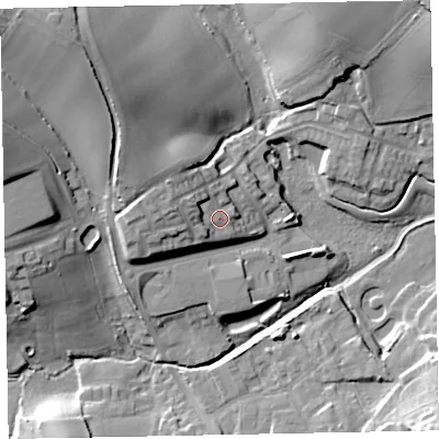 Shaded relief map of the ground around EX70FW, computed from Environment Agency LiDAR. The ground here sits at about 11 m above sea level and falls 27 m across the surrounding 800 m. Surface water reaching this point runs off ground lying to the west-north-west, 4.4 m higher.