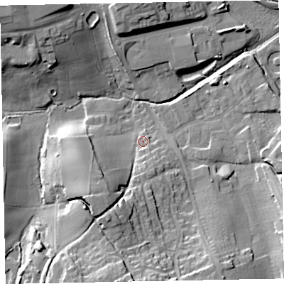 Shaded relief map of the ground around EX70LT, computed from Environment Agency LiDAR. The ground here sits at about 6 m above sea level and falls 24 m across the surrounding 800 m. Surface water reaching this point runs off ground lying to the south-west, 16.6 m higher.