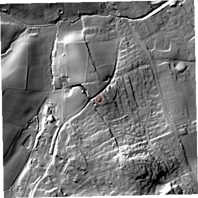 Shaded relief map of the ground around EX70LW, computed from Environment Agency LiDAR. The ground here sits at about 20 m above sea level and falls 37 m across the surrounding 800 m. Surface water reaching this point runs off ground lying to the north-west, 2.8 m higher.