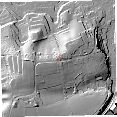 Shaded relief map of the ground around EX70NA, computed from Environment Agency LiDAR. The ground here sits at about 32 m above sea level and falls 39 m across the surrounding 800 m. Surface water reaching this point runs off ground lying to the west, 8.8 m higher.