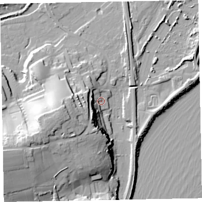 Shaded relief map of the ground around EX70NE, computed from Environment Agency LiDAR. The ground here sits at about 5 m above sea level and falls 37 m across the surrounding 800 m. Surface water reaching this point runs off ground lying to the west-south-west, 32.2 m higher.