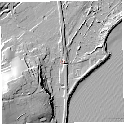 Shaded relief map of the ground around EX70NF, computed from Environment Agency LiDAR. The ground here sits at about 3 m above sea level and falls 34 m across the surrounding 800 m. Surface water reaching this point runs off ground lying to the west-south-west, 30.8 m higher.