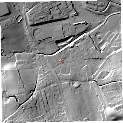 Shaded relief map of the ground around EX70NH, computed from Environment Agency LiDAR. The ground here sits at about 5 m above sea level and falls 34 m across the surrounding 800 m. Surface water reaching this point runs off ground lying to the south-east, 30.6 m higher.