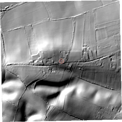Shaded relief map of the ground around EX70NX, computed from Environment Agency LiDAR. The ground here sits at about 34 m above sea level and falls 43 m across the surrounding 800 m. Surface water reaching this point runs off ground lying to the north-west, 5.0 m higher.