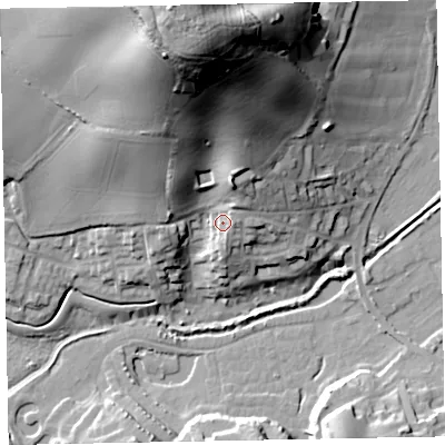 Shaded relief map of the ground around EX70PD, computed from Environment Agency LiDAR. The ground here sits at about 11 m above sea level and falls 59 m across the surrounding 800 m. Surface water reaching this point runs off ground lying to the north-east, 6.4 m higher.
