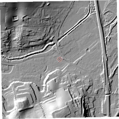 Shaded relief map of the ground around EX70PF, computed from Environment Agency LiDAR. The ground here sits at about 1 m above sea level and falls 31 m across the surrounding 800 m. Surface water reaching this point runs off ground lying to the south-south-west, 14.4 m higher.