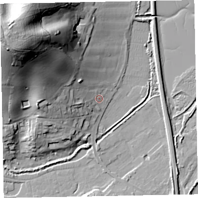 Shaded relief map of the ground around EX70PG, computed from Environment Agency LiDAR. The ground here sits at about 4 m above sea level and falls 60 m across the surrounding 800 m. Surface water reaching this point runs off ground lying to the north-west, 54.7 m higher.