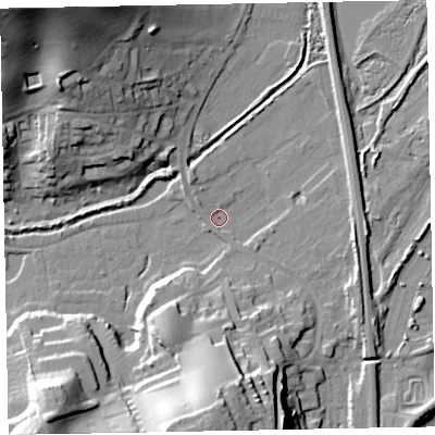Shaded relief map of the ground around EX70PH, computed from Environment Agency LiDAR. The ground here sits at about 1 m above sea level and falls 36 m across the surrounding 800 m. Surface water reaching this point runs off ground lying to the south, 27.8 m higher.