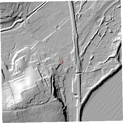Shaded relief map of the ground around EX70PQ, computed from Environment Agency LiDAR. The ground here sits at about 4 m above sea level and falls 36 m across the surrounding 800 m. Surface water reaching this point runs off ground lying to the south-west, 11.7 m higher.