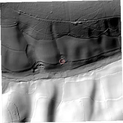 Shaded relief map of the ground around EX70PS, computed from Environment Agency LiDAR. The ground here sits at about 68 m above sea level and falls 107 m across the surrounding 800 m. Surface water reaching this point runs off ground lying to the north-north-west, 83.6 m higher.
