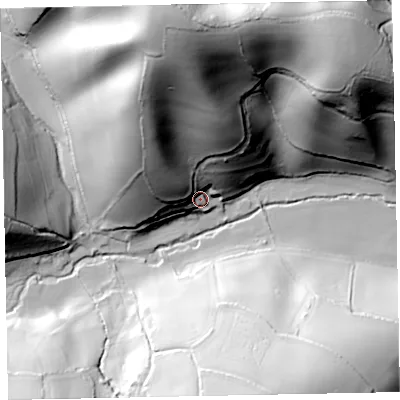 Shaded relief map of the ground around EX70QA, computed from Environment Agency LiDAR. The ground here sits at about 66 m above sea level and falls 98 m across the surrounding 800 m. Surface water reaching this point runs off ground lying to the north-north-west, 89.3 m higher.