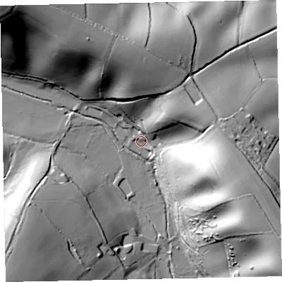 Shaded relief map of the ground around EX70QP, computed from Environment Agency LiDAR. The ground here sits at about 52 m above sea level and falls 72 m across the surrounding 800 m. Surface water reaching this point runs off ground lying to the north-east, 31.5 m higher.