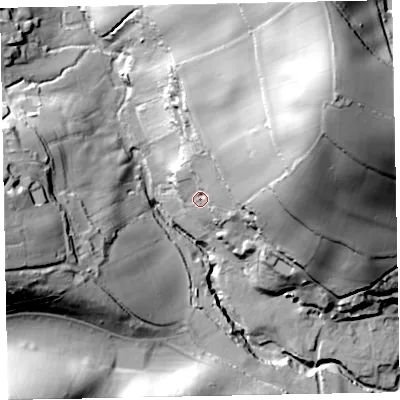Shaded relief map of the ground around EX70QQ, computed from Environment Agency LiDAR. The ground here sits at about 39 m above sea level and falls 93 m across the surrounding 800 m. Surface water reaching this point runs off ground lying to the north-east, 51.4 m higher.