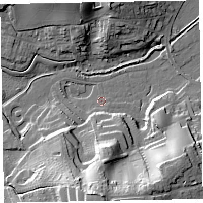Shaded relief map of the ground around EX70SN, computed from Environment Agency LiDAR. The ground here sits at about 2 m above sea level and falls 40 m across the surrounding 800 m. Surface water reaching this point runs off ground lying to the south, 39.4 m higher.