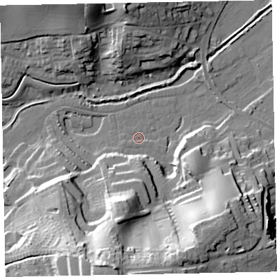 Shaded relief map of the ground around EX70SP, computed from Environment Agency LiDAR. The ground here sits at about 2 m above sea level and falls 40 m across the surrounding 800 m. Surface water reaching this point runs off ground lying to the south, 39.4 m higher.