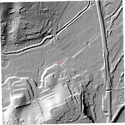 Shaded relief map of the ground around EX70SR, computed from Environment Agency LiDAR. The ground here sits at about 2 m above sea level and falls 38 m across the surrounding 800 m. Surface water reaching this point runs off ground lying to the south-west, 13.0 m higher.