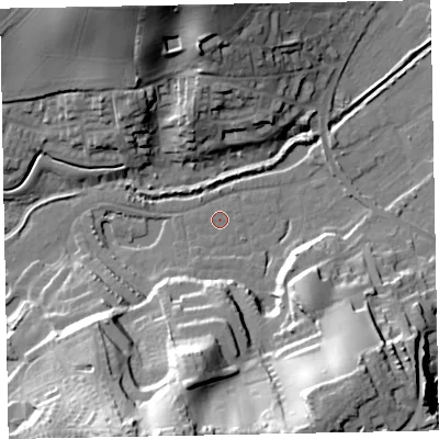 Shaded relief map of the ground around EX70SS, computed from Environment Agency LiDAR. The ground here sits at about 1 m above sea level and falls 35 m across the surrounding 800 m. Surface water reaching this point runs off ground lying to the south-south-west, 35.0 m higher.