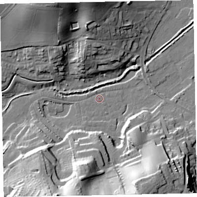 Shaded relief map of the ground around EX70ST, computed from Environment Agency LiDAR. The ground here sits at about 1 m above sea level and falls 31 m across the surrounding 800 m. Surface water reaching this point runs off ground lying to the south-south-west, 31.0 m higher.