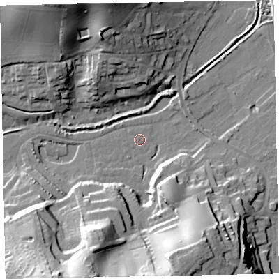 Shaded relief map of the ground around EX70SU, computed from Environment Agency LiDAR. The ground here sits at about 1 m above sea level and falls 33 m across the surrounding 800 m. Surface water reaching this point runs off ground lying to the south-south-west, 32.3 m higher.