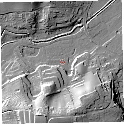 Shaded relief map of the ground around EX70SW, computed from Environment Agency LiDAR. The ground here sits at about 2 m above sea level and falls 40 m across the surrounding 800 m. Surface water reaching this point runs off ground lying to the south-south-west, 39.1 m higher.