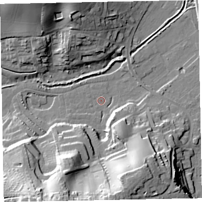 Shaded relief map of the ground around EX70SX, computed from Environment Agency LiDAR. The ground here sits at about 1 m above sea level and falls 37 m across the surrounding 800 m. Surface water reaching this point runs off ground lying to the south-south-west, 36.5 m higher.