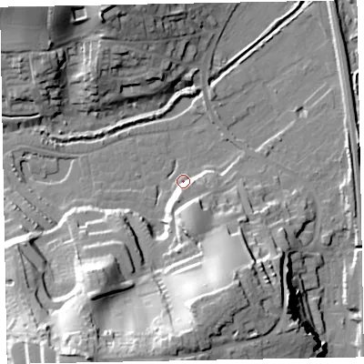 Shaded relief map of the ground around EX70SY, computed from Environment Agency LiDAR. The ground here sits at about 2 m above sea level and falls 40 m across the surrounding 800 m. Surface water reaching this point runs off ground lying to the south-south-west, 39.1 m higher.