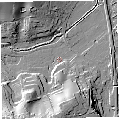 Shaded relief map of the ground around EX70SZ, computed from Environment Agency LiDAR. The ground here sits at about 1 m above sea level and falls 37 m across the surrounding 800 m. Surface water reaching this point runs off ground lying to the south-south-west, 36.5 m higher.