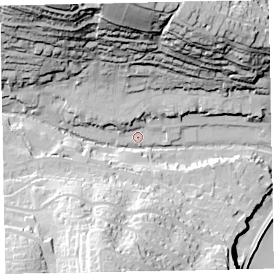 Shaded relief map of the ground around EX79AB, computed from Environment Agency LiDAR. The ground here sits at about 10 m above sea level and falls 82 m across the surrounding 800 m. Surface water reaching this point runs off ground lying to the north-north-west, 70.6 m higher.