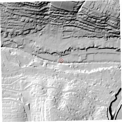 Shaded relief map of the ground around EX79AD, computed from Environment Agency LiDAR. The ground here sits at about 10 m above sea level and falls 78 m across the surrounding 800 m. Surface water reaching this point runs off ground lying to the north-north-west, 64.6 m higher.