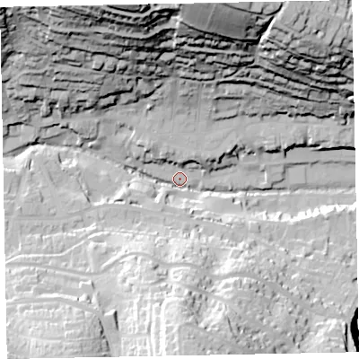 Shaded relief map of the ground around EX79AE, computed from Environment Agency LiDAR. The ground here sits at about 12 m above sea level and falls 75 m across the surrounding 800 m. Surface water reaching this point runs off ground lying to the north-north-west, 65.0 m higher.