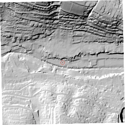 Shaded relief map of the ground around EX79AF, computed from Environment Agency LiDAR. The ground here sits at about 11 m above sea level and falls 79 m across the surrounding 800 m. Surface water reaching this point runs off ground lying to the north-north-west, 7.2 m higher.