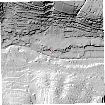 Shaded relief map of the ground around EX79AG, computed from Environment Agency LiDAR. The ground here sits at about 12 m above sea level and falls 80 m across the surrounding 800 m. Surface water reaching this point runs off ground lying to the north-north-west, 6.8 m higher.