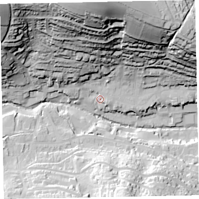 Shaded relief map of the ground around EX79AJ, computed from Environment Agency LiDAR. The ground here sits at about 18 m above sea level and falls 91 m across the surrounding 800 m. Surface water reaching this point runs off ground lying to the north, 74.9 m higher.