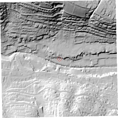 Shaded relief map of the ground around EX79AQ, computed from Environment Agency LiDAR. The ground here sits at about 12 m above sea level and falls 84 m across the surrounding 800 m. Surface water reaching this point runs off ground lying to the north, 12.6 m higher.