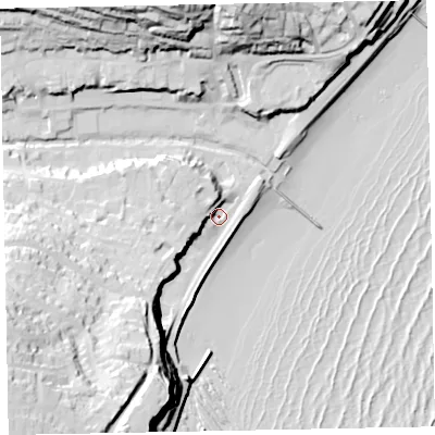 Shaded relief map of the ground around EX79DJ, computed from Environment Agency LiDAR. The ground here sits at about 5 m above sea level and falls 60 m across the surrounding 800 m. Surface water reaching this point runs off ground lying to the south-west, 47.8 m higher.
