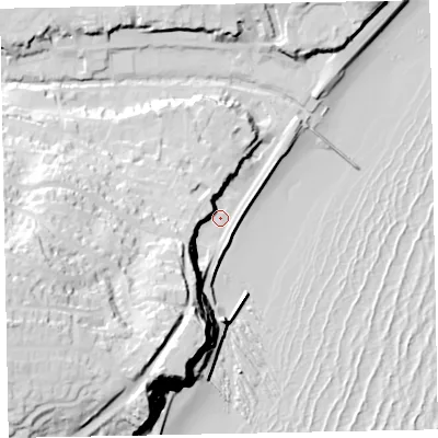 Shaded relief map of the ground around EX79DL, computed from Environment Agency LiDAR. The ground here sits at about 5 m above sea level and falls 63 m across the surrounding 800 m. Surface water reaching this point runs off ground lying to the south-west, 52.3 m higher.