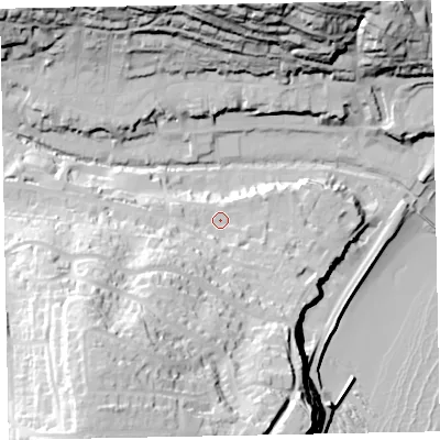 Shaded relief map of the ground around EX79DR, computed from Environment Agency LiDAR. The ground here sits at about 16 m above sea level and falls 63 m across the surrounding 800 m. Surface water reaching this point runs off ground lying to the south-south-east, 5.5 m higher.