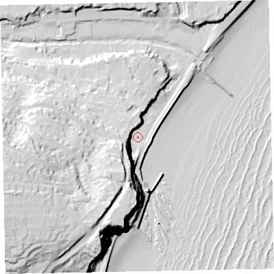 Shaded relief map of the ground around EX79EX, computed from Environment Agency LiDAR. The ground here sits at about 5 m above sea level and falls 63 m across the surrounding 800 m. Surface water reaching this point runs off ground lying to the south-west, 52.3 m higher.
