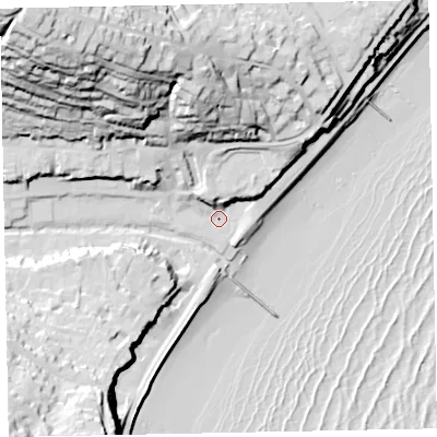 Shaded relief map of the ground around EX79FB, computed from Environment Agency LiDAR. The ground here sits at about 5 m above sea level and falls 76 m across the surrounding 800 m. Surface water reaching this point runs off ground lying to the north-north-west, 52.3 m higher.