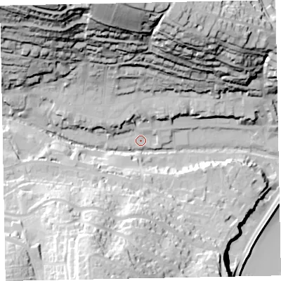 Shaded relief map of the ground around EX79JT, computed from Environment Agency LiDAR. The ground here sits at about 10 m above sea level and falls 82 m across the surrounding 800 m. Surface water reaching this point runs off ground lying to the north-north-west, 70.6 m higher.